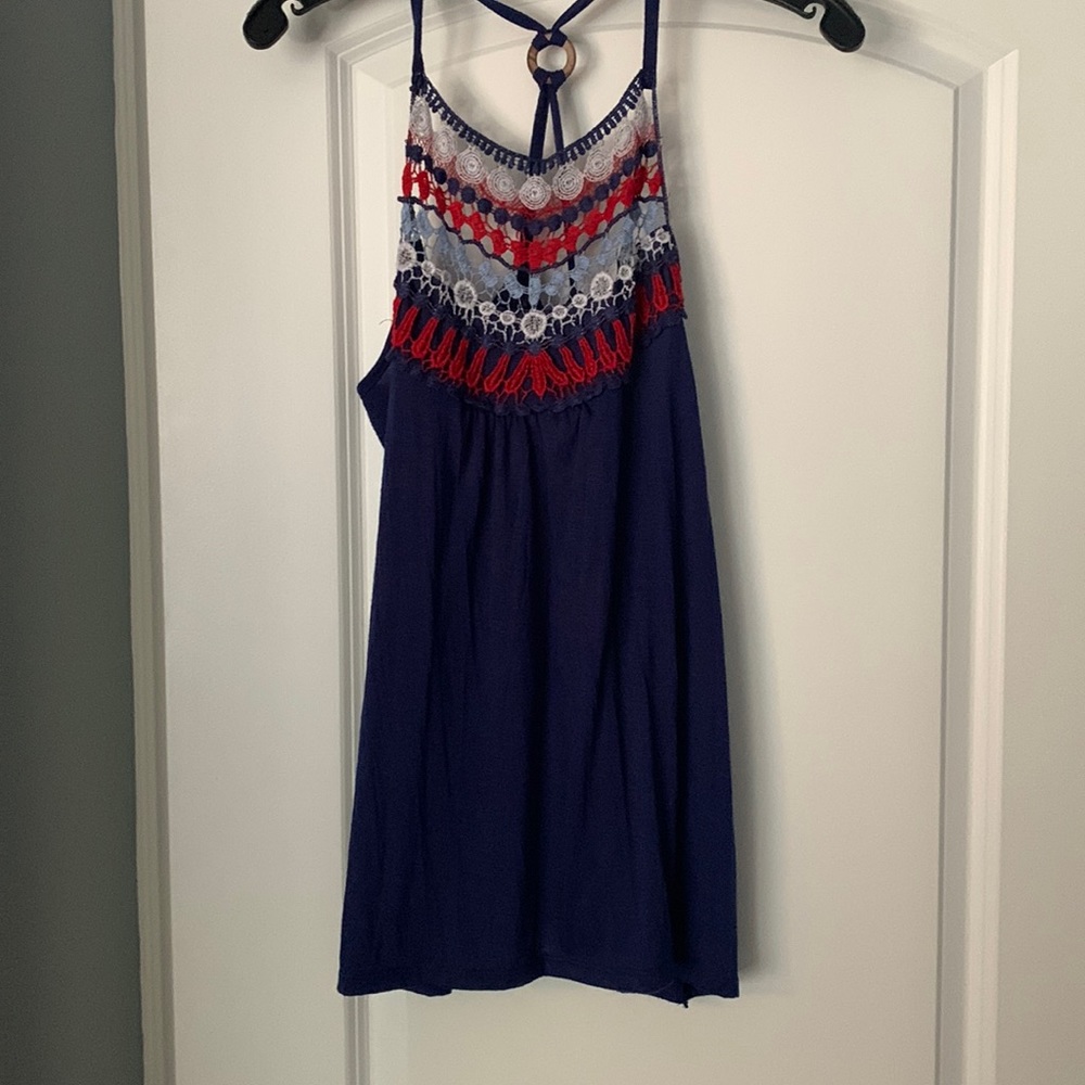 No boundaries navy blue cotton tank with Red, white, blue embroidery size large.